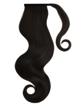 Load image into Gallery viewer, NATURAL BLACK (1) HUMAN PONYTAIL CLIP IN HAIR EXTENSIONS 16 / 20 INCH  **THICK***
