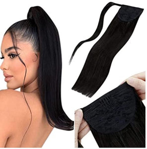 NATURAL BLACK (1) HUMAN PONYTAIL CLIP IN HAIR EXTENSIONS 16 / 20 INCH  **THICK***